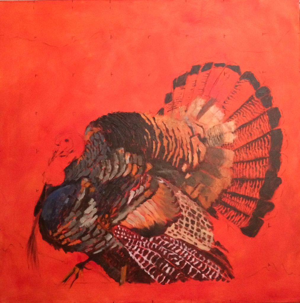 At this point I would usually paint all the lightest lights next. But this guy was fun and complex and I wanted to develop him pretty much completely before laying in the background. So I began painting the lightest lights within just the bird. Then continued to look for changes in values and paint them darker or lighter in comparison to the initial darks and lights.