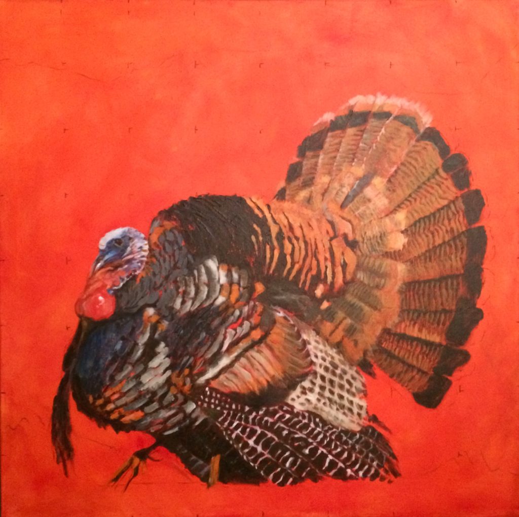Lot going on in that fan. The key to painting a turkey might be looking for the blocks of shapes within his plumage and painting those, not the individual feathers. And no repetitious strokes or widths or shapes. And my husband says ALWAYS show the beard and spurs, even if you have to make them up.