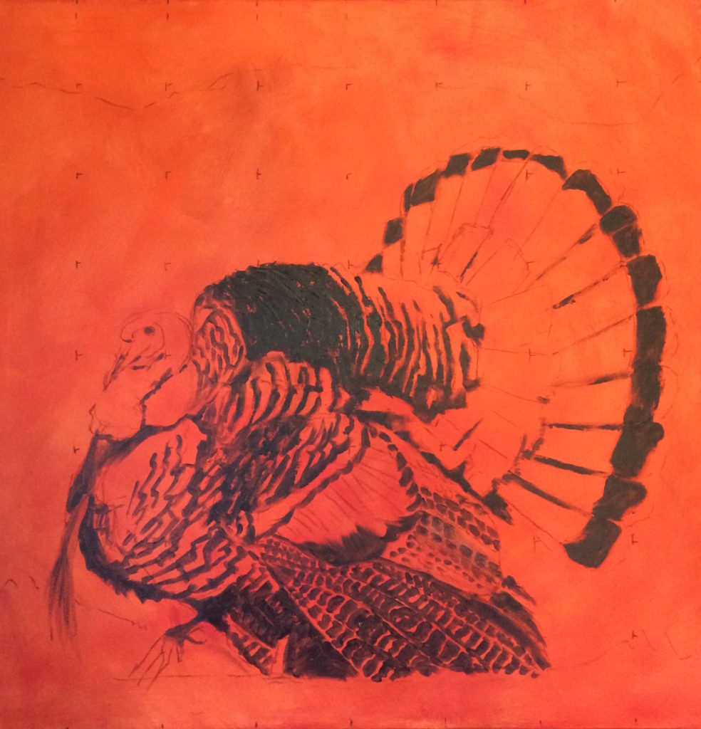 Darkest darks laid in, mix of ultramarine blue, purple and raw umber. Attention to dark value shapes in feathers now establishes the lighter patterns to come. I always like this stage of just the toned canvas and the darkest values.
